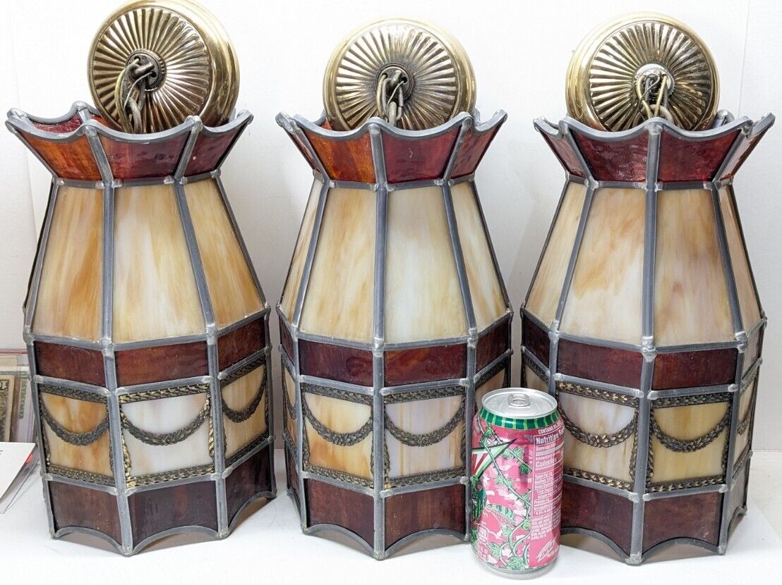3 Vtg 1960\'s-70\'s MCM Hollywood Regency Stained Glass Pendent Swag Lamp/Light 