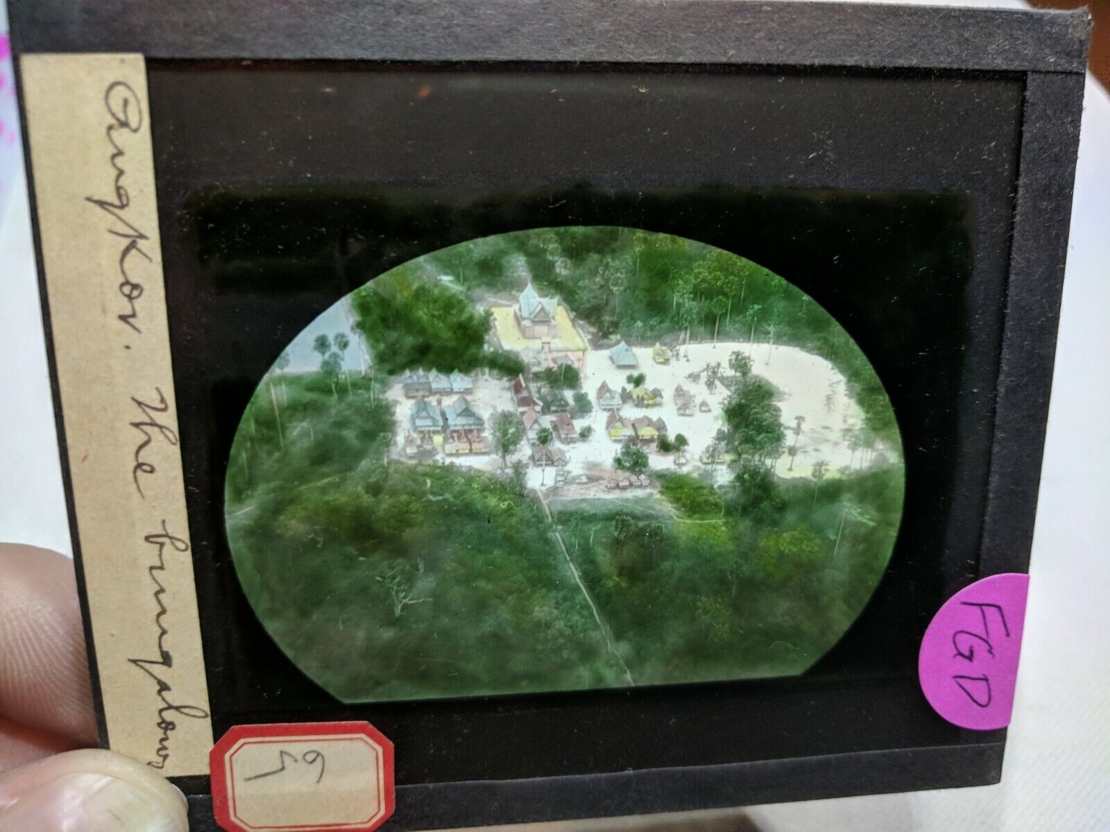 Colored Glass Magic Lantern Slide FGD ANGKOR WAT BUNGALOW FROM THE AIR CAMBODIA