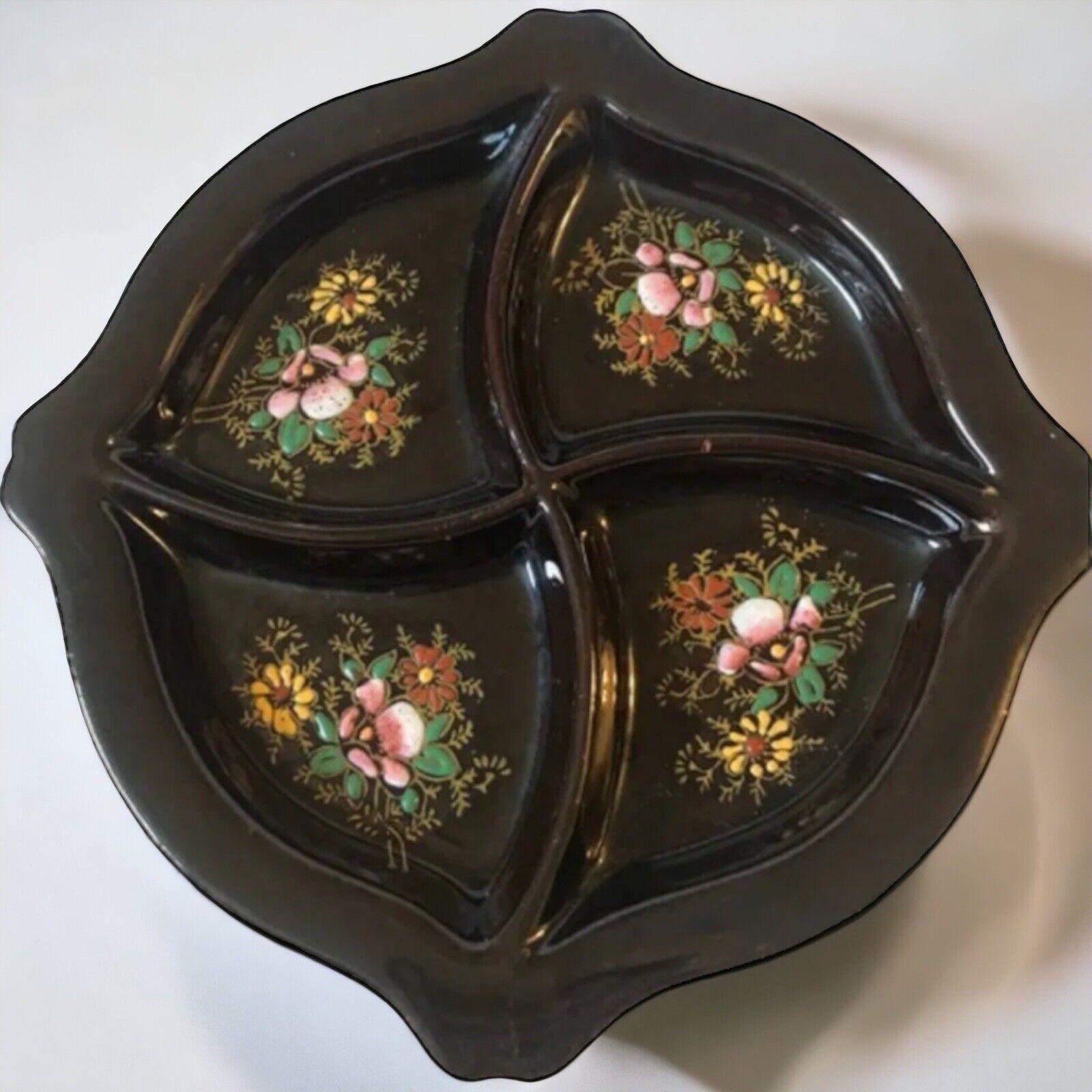 Made in Japan Brown Floral Divided Ceramic Small Trinket Dish Unique Unusual
