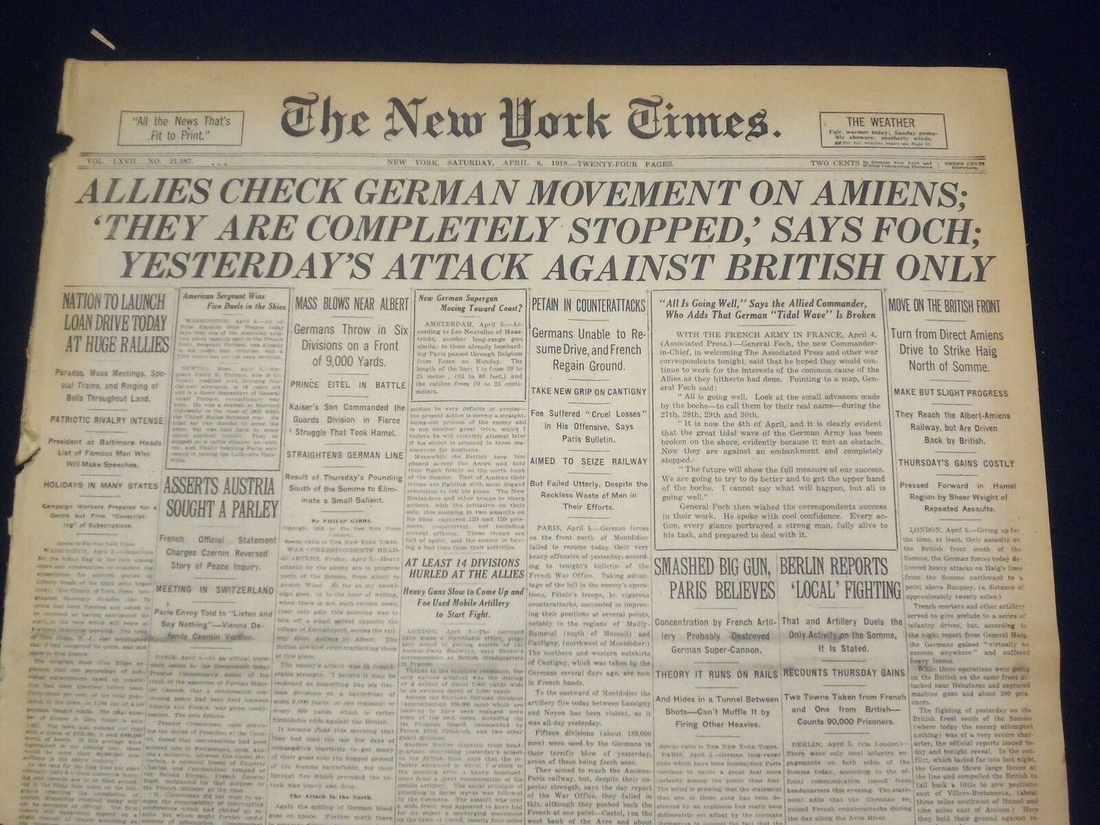 1918 APRIL 6 NEW YORK TIMES - ALLIES CHECK GERMAN MOVEMENT ON AMIENS - NT 8203