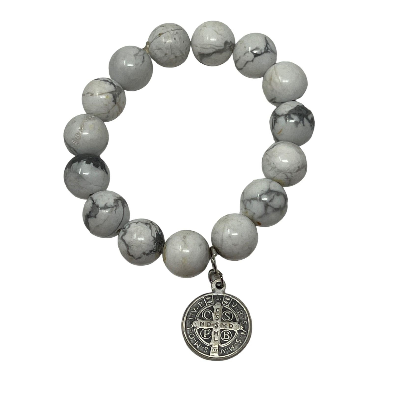 Vintage Saint Benedict Medal Religious Bracelet Silver Tone White Howlite Beads