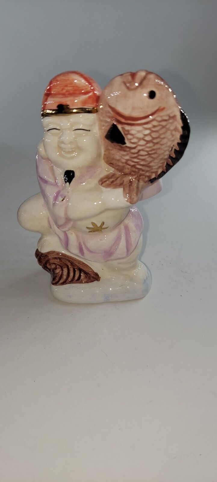   Budda With Fish Kitsch Figurine 4 Inch Porcelain 