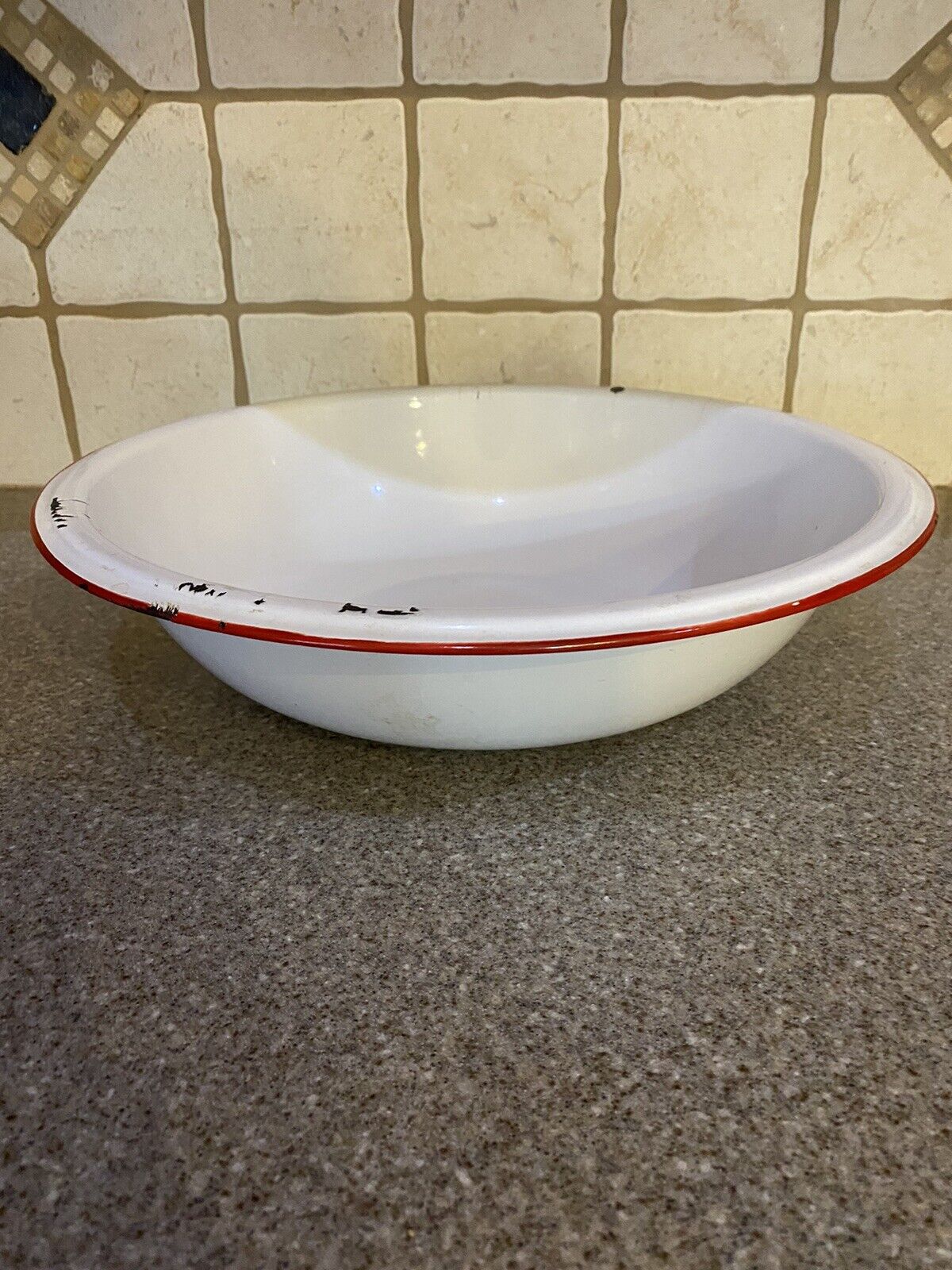Vintage Enamelware With Red Trim Basin Farm House Round Wash Bowl 13.5”