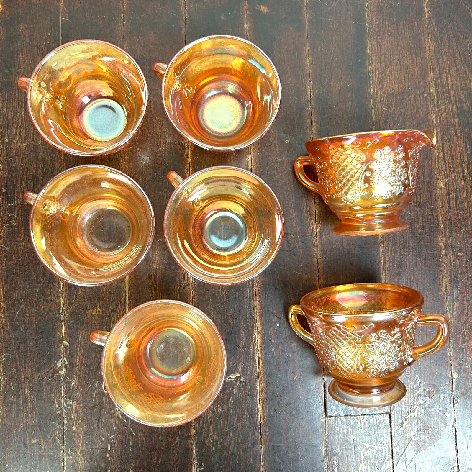 Vintage Federal Marigold Normandie Carnival Glass Teacup Set, Creamer/Sugar Bowl