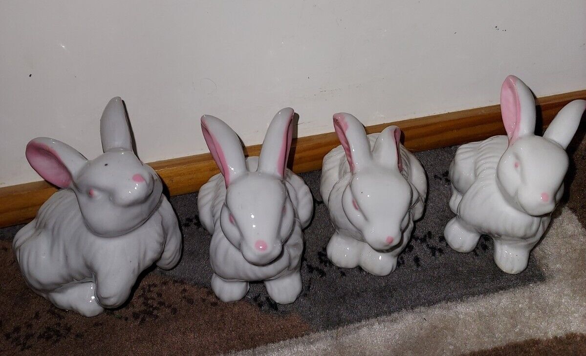 Vintage 2 Inch Ceramic White  Easter Bunny Pink Ears Set Of  4