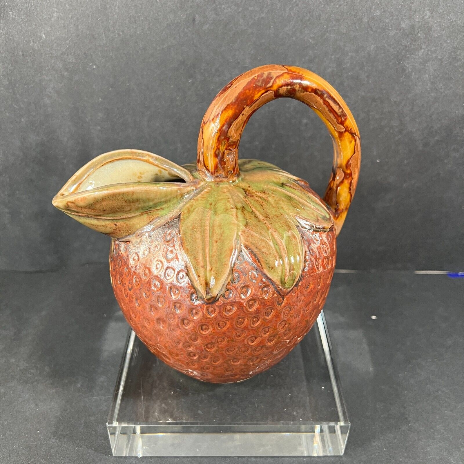 Vintage Strawberry Pottery Pitcher Majolica Style Iridescent Drip Glaze 6.5\