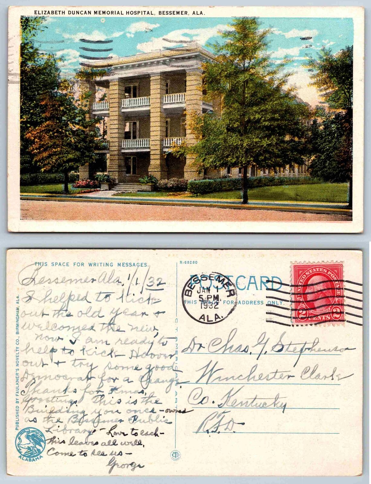 Vintage Postcard - ELIZABETH DUNCAN MEMORIAL HOSPITAL, BESSEMER, AL