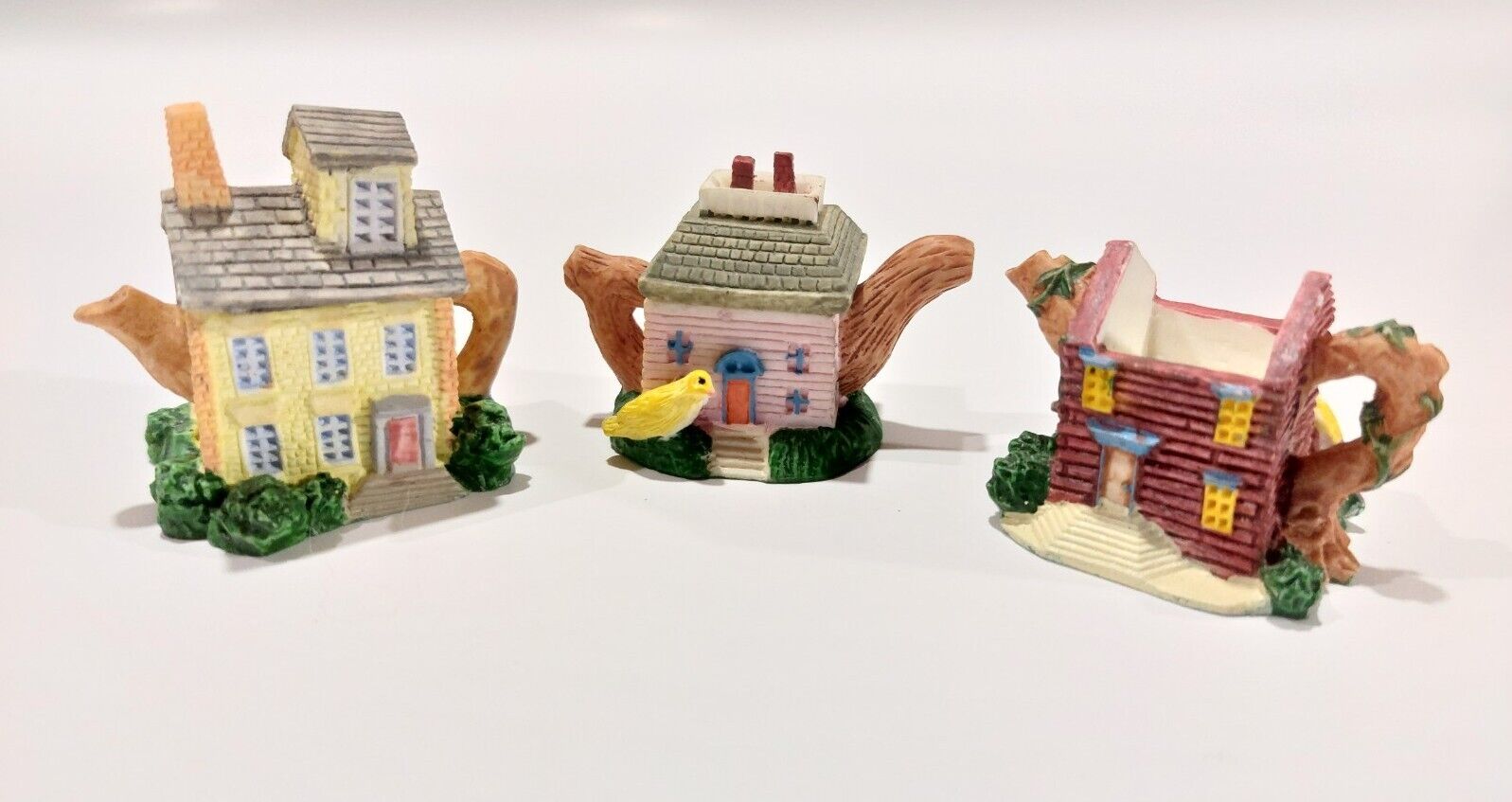 Lot of 3 Miniature Resin Decorative Birdhouse Teapots Removable Top #1, 2, 7