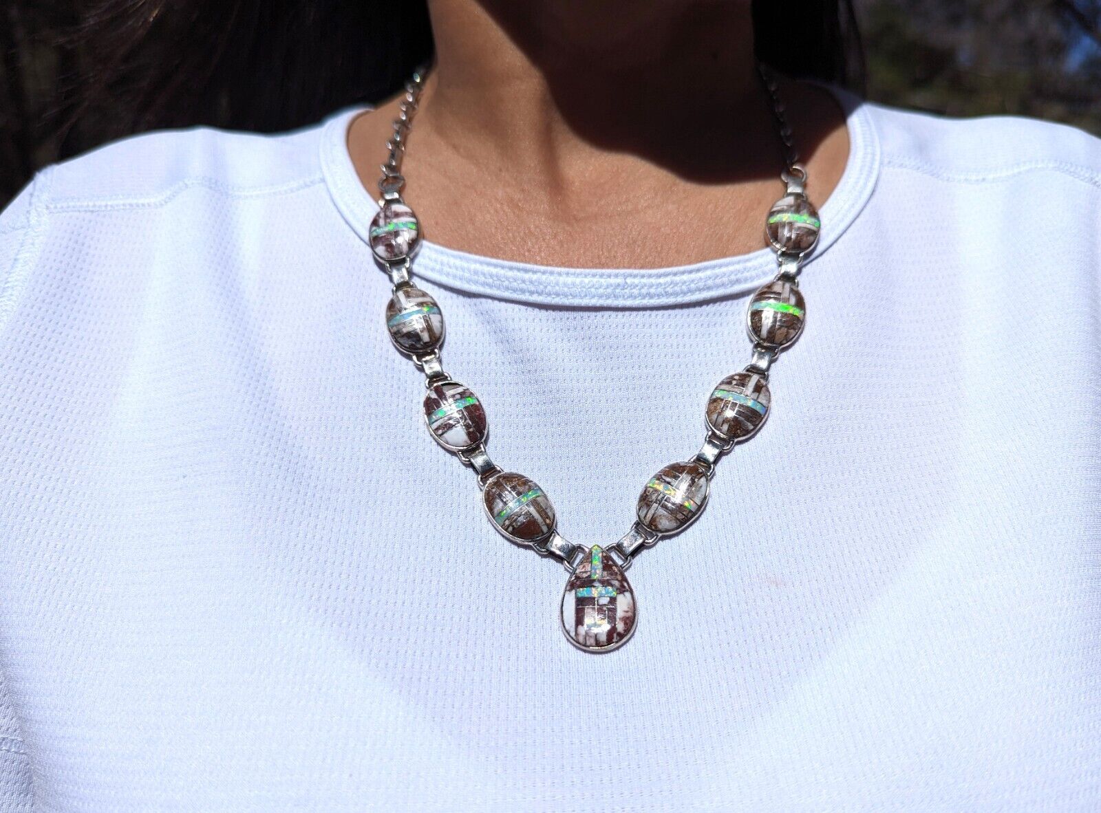 Zuni Necklace Native American Jewelry NA Opal White Buffalo Inlay Sterling