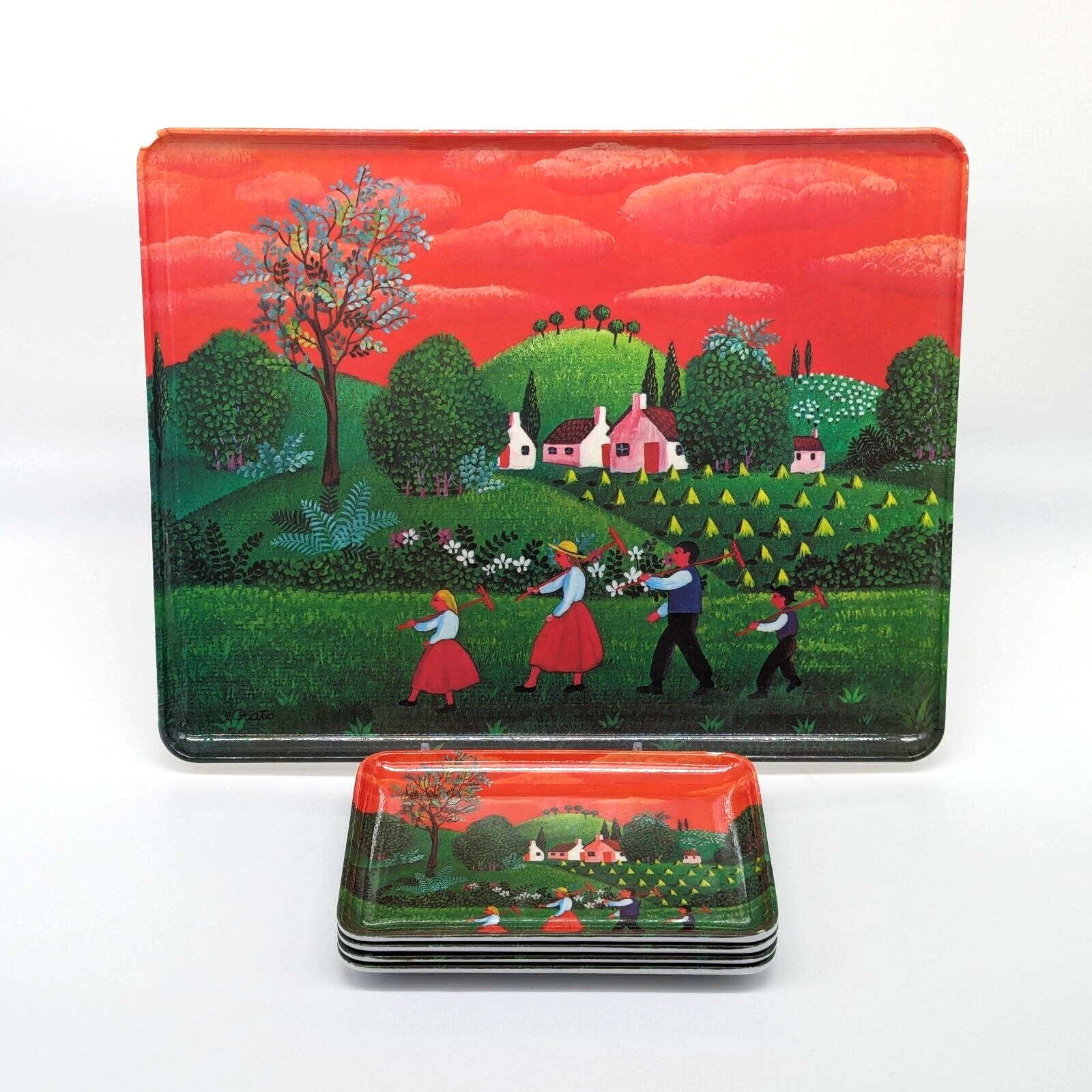 Melamine Serving Tray and 4 Snack Set Farm Landscape Lorenzo Prato Made in Italy