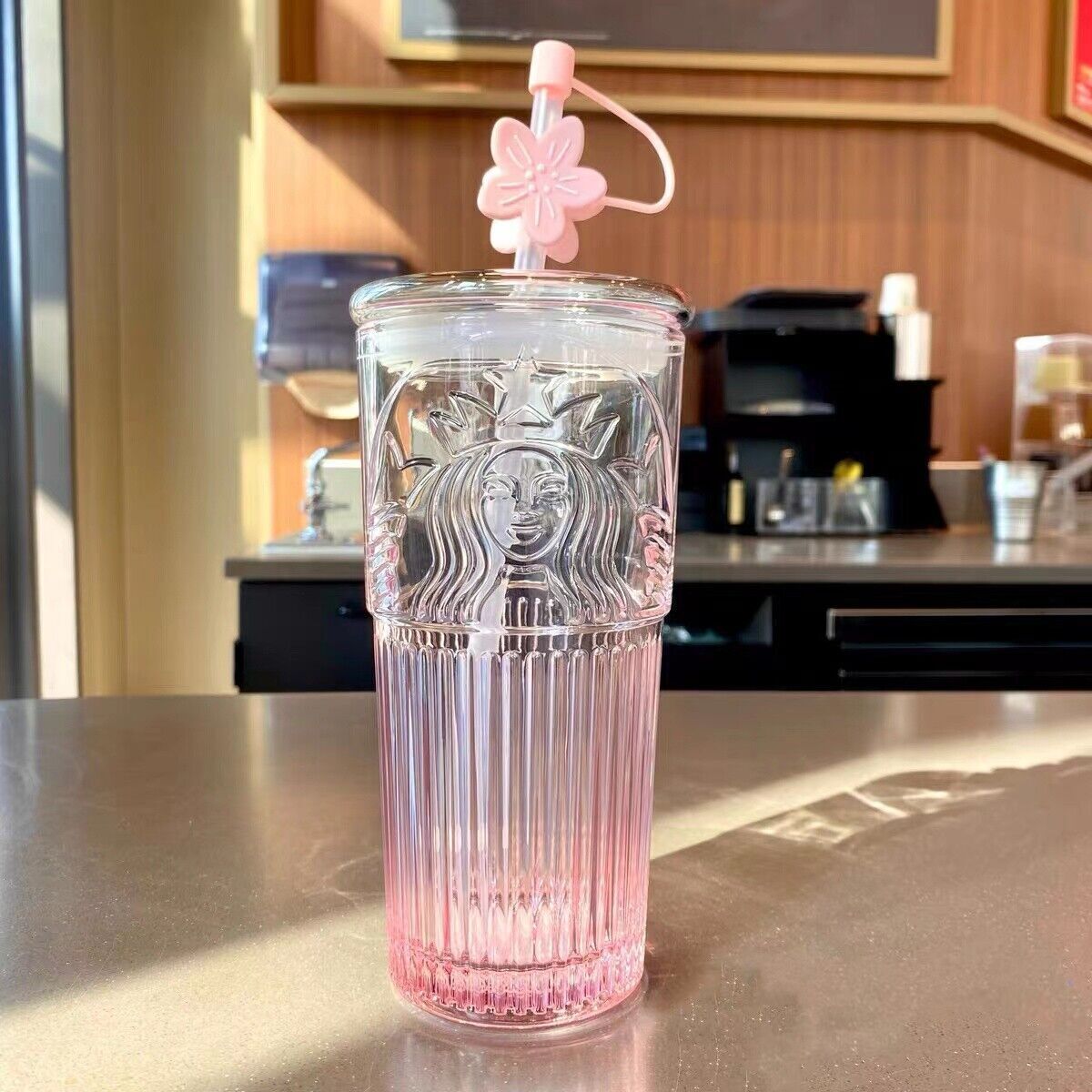 Starbucks Glass Cup Pink Gradient Sakura Tumbler  Cherry Blossom Topper New