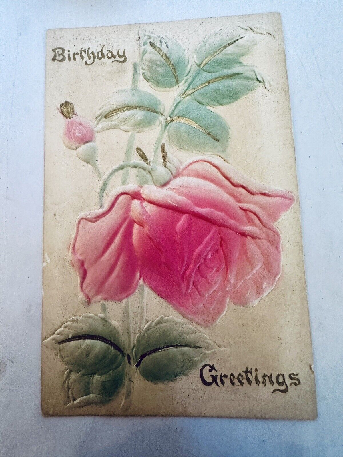 Antique Postcard Birthday Greetings Embossed Roses W/ Gold Gilt Germany #458