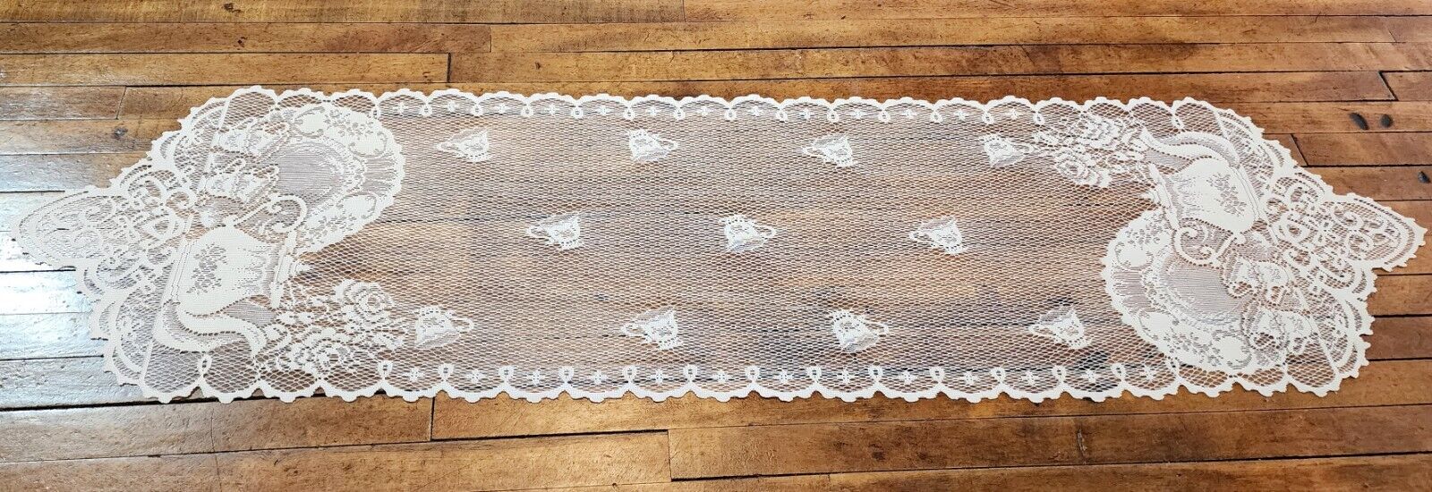 Vintage Elegant Ivory Net Lace Table Runner  12 x 48 inch Tea Pots and Cups