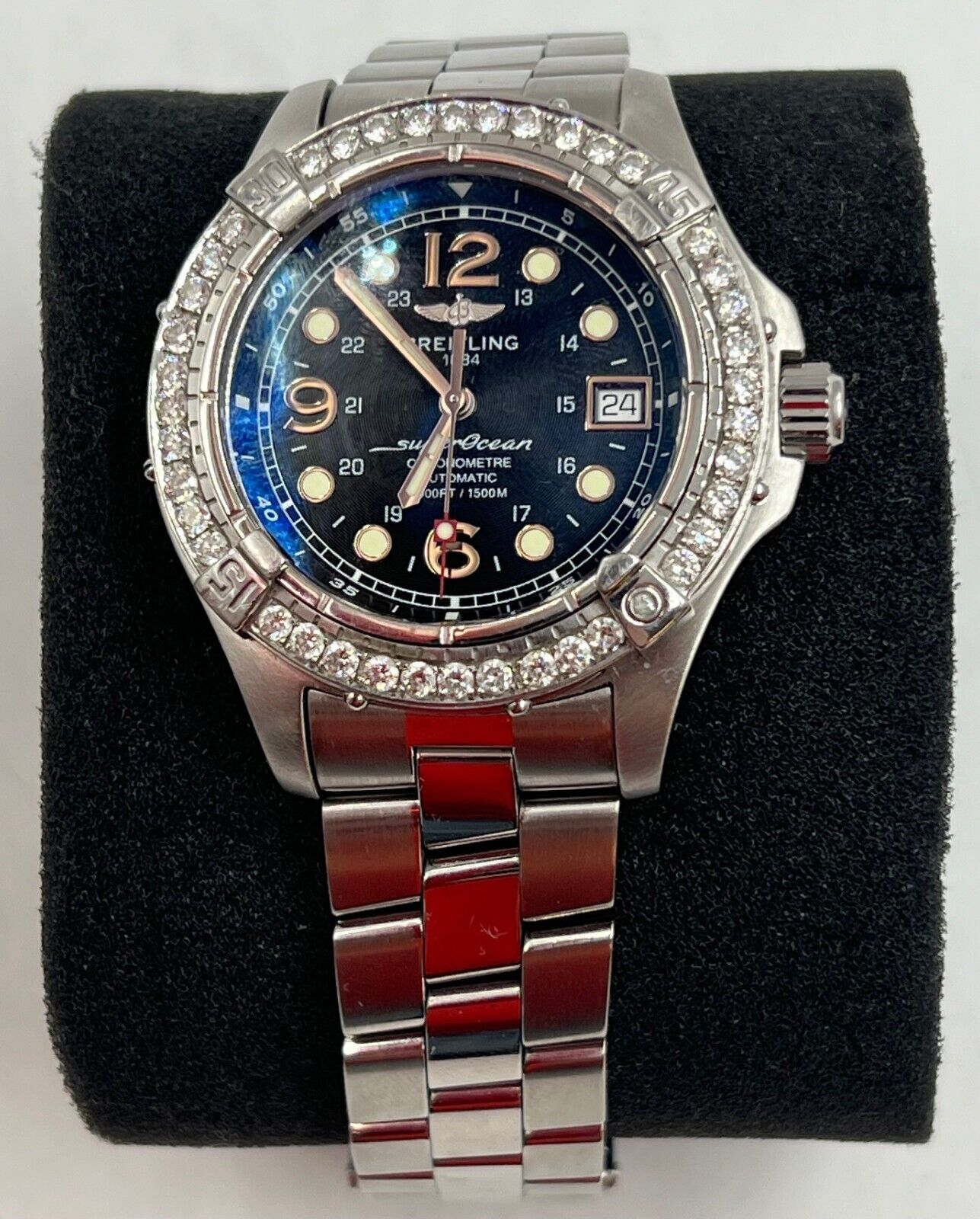 Breitling Superocean Men\'s Black Watch A17390,L NEW FLAWLESS + VVS Diamond Bezel