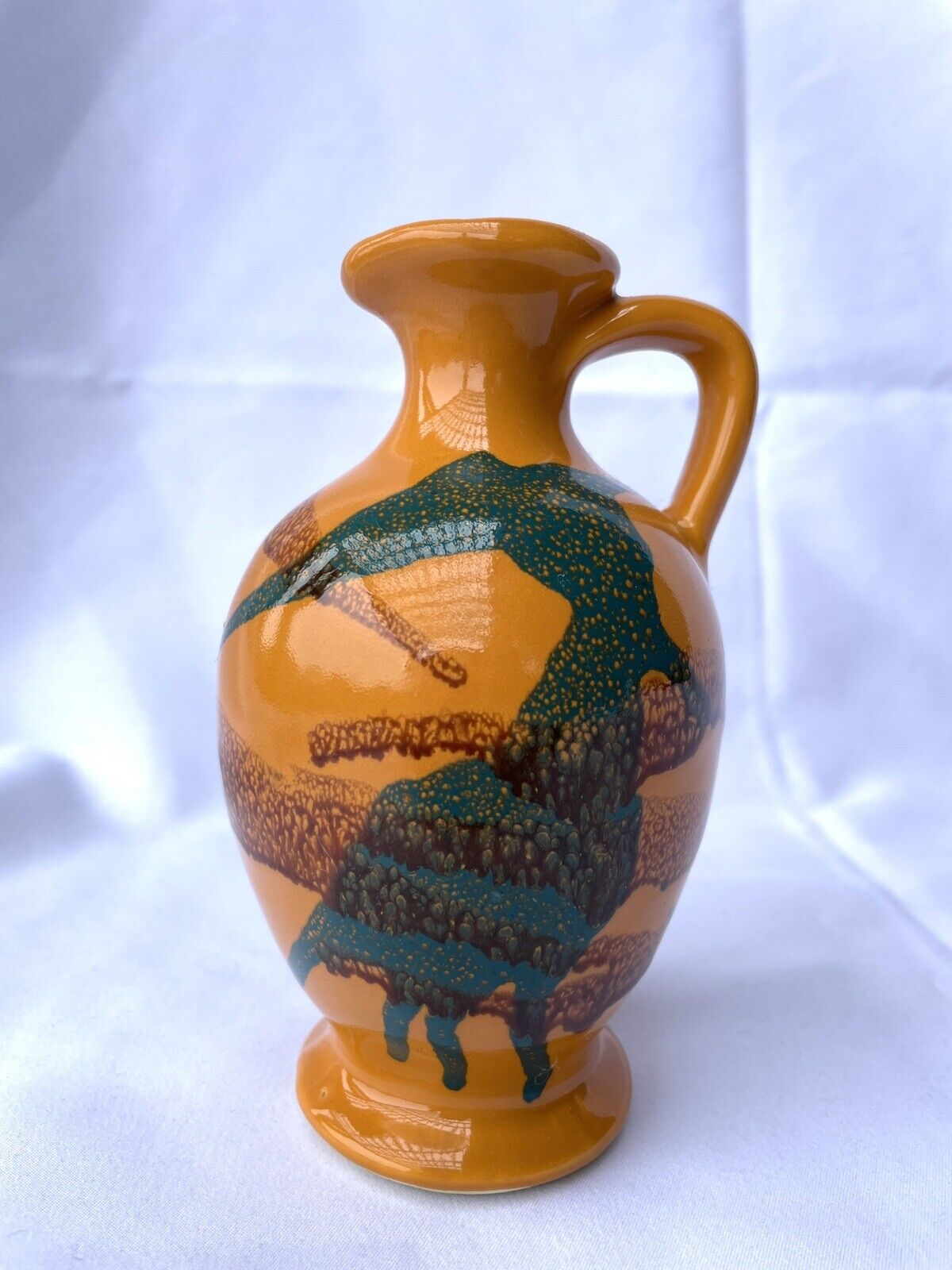 Vintage Hand Painted Ceramic Bud Vase With Handle - Yellow - Teal - Marroon