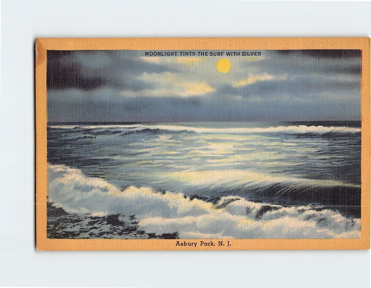 Postcard Moonlight Ocean Scene Asbury Park New Jersey USA