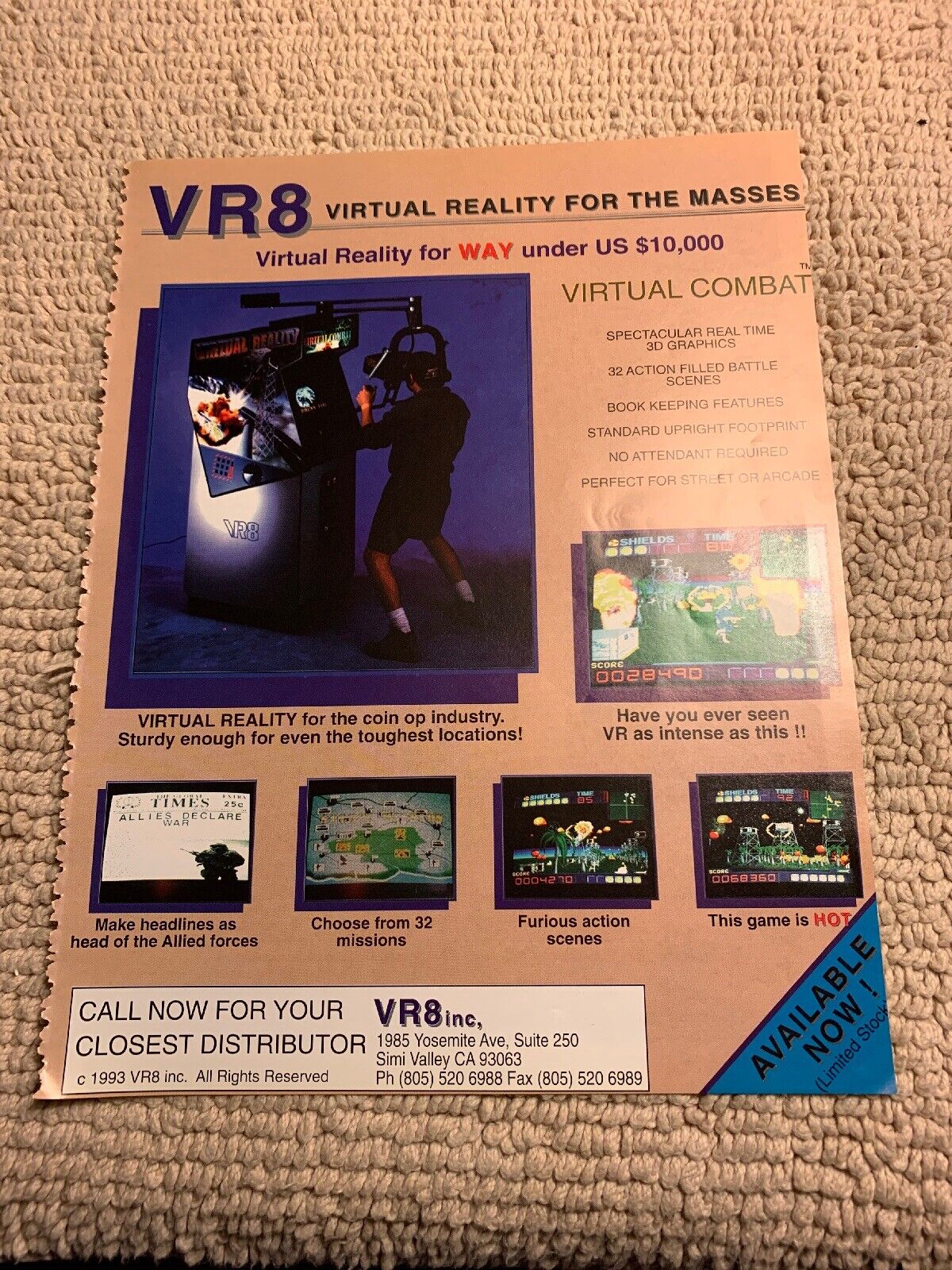 11- 8.5\'\'  Virtual Combat Vr8  arcade Video game AD FLYER