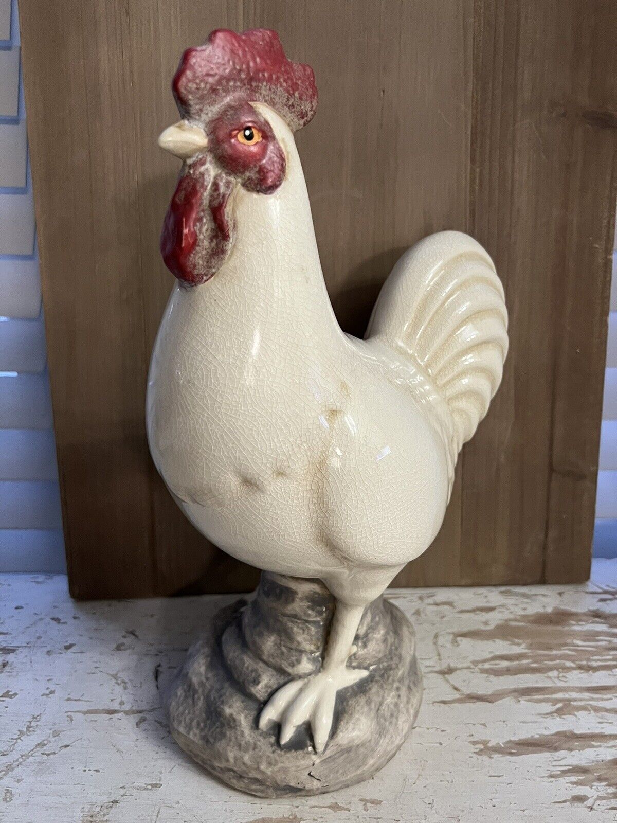 Large Farmhouse Rooster/Chicken Ceramic Crackle Finish Statue Décor 13H X 9 1/2W