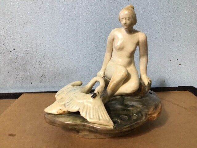 Weller Muskota Leda Nude Lady and Swan  on Rock Nude Frog Figural 1920's