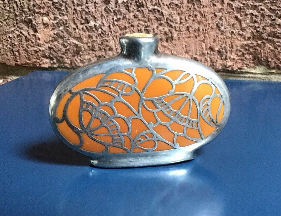 Antique German Friedrich SPAHR  Silver Overlay Porcelain Scent Perfume Bottle