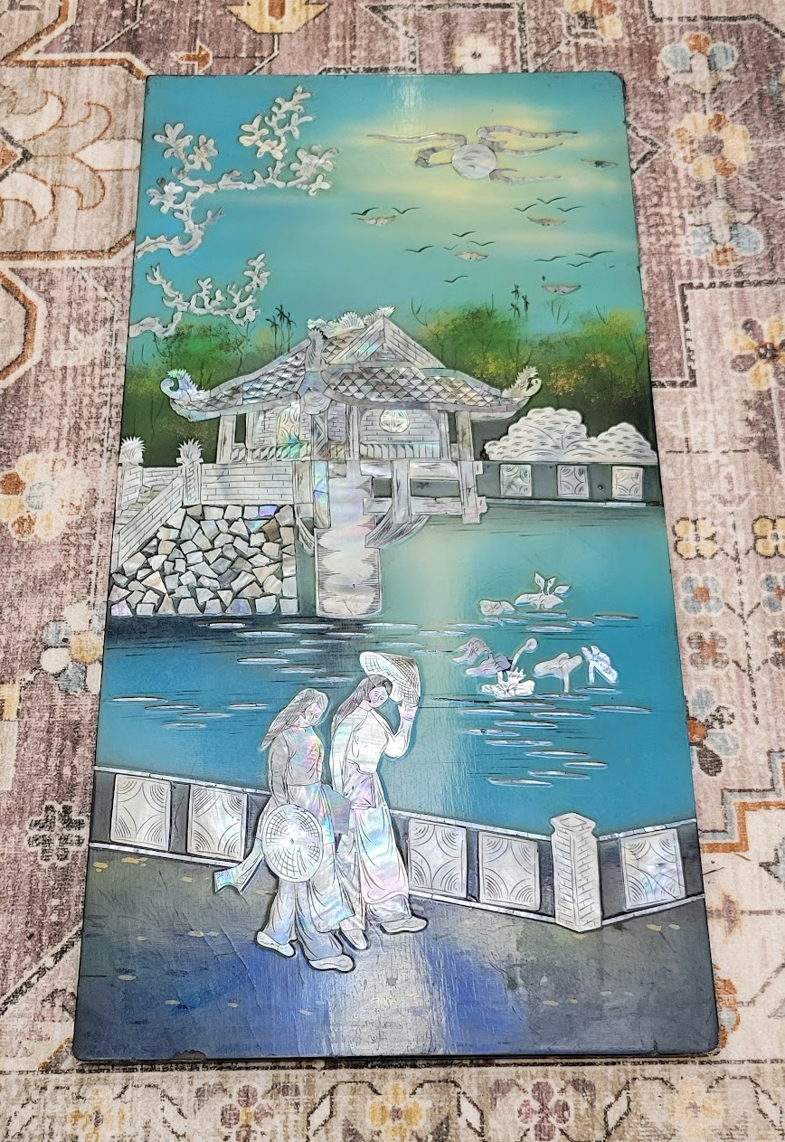 Vtg Mother of Pearl Inlay Decorative Wall Art Asian Japanese Lacquer Wood Panel