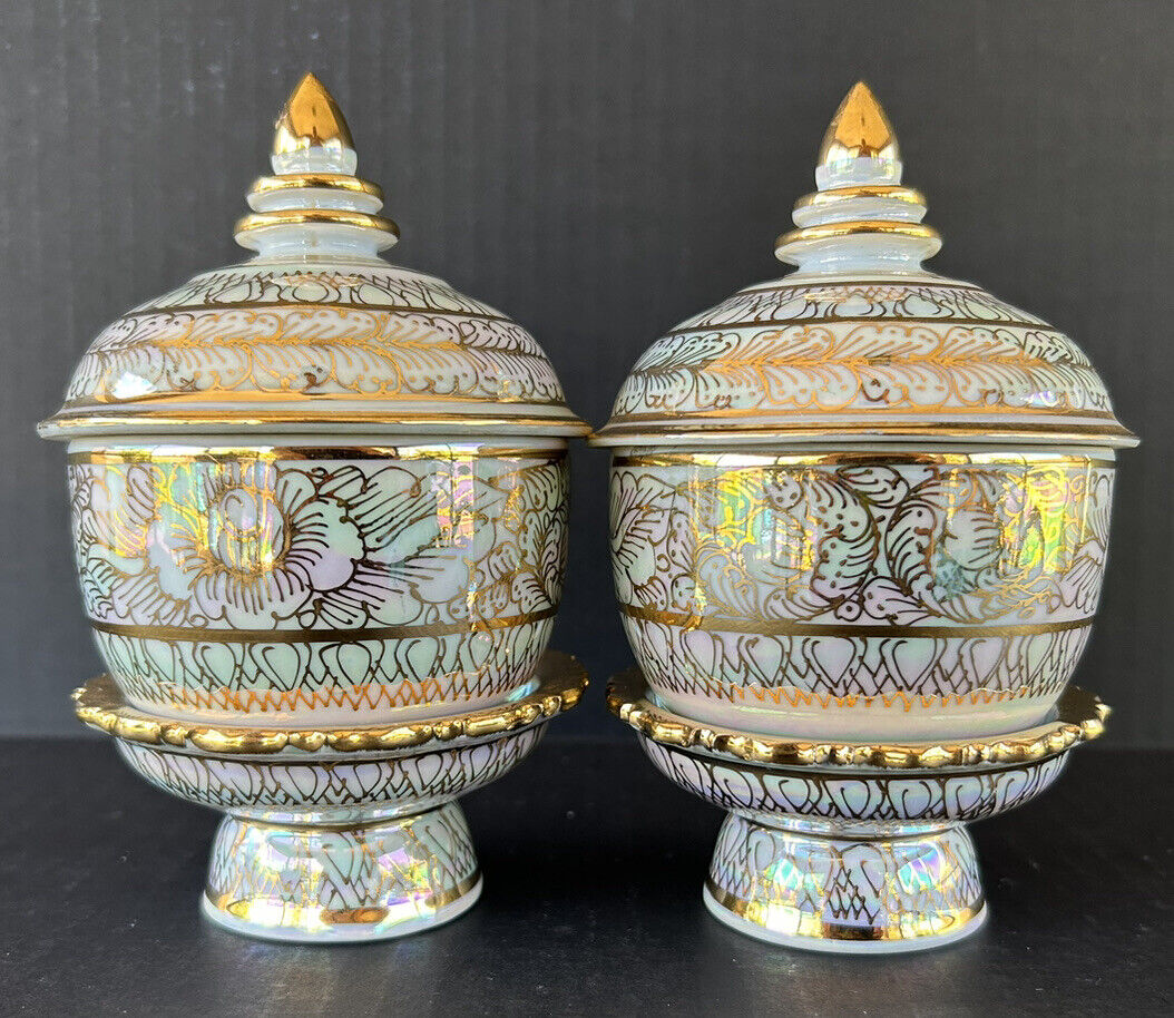 Thai Benjarong Porcelain 2 Small Jars With Stand Pattaya Handpainted 18k Gold