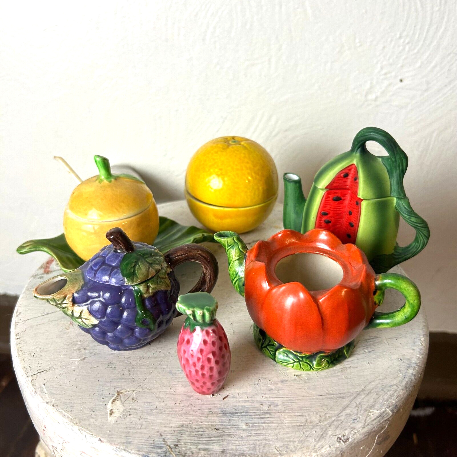 Miniature Ceramic Fruit & Vegetable Teapot Set - 6 Pieces Mixed Collection Japan