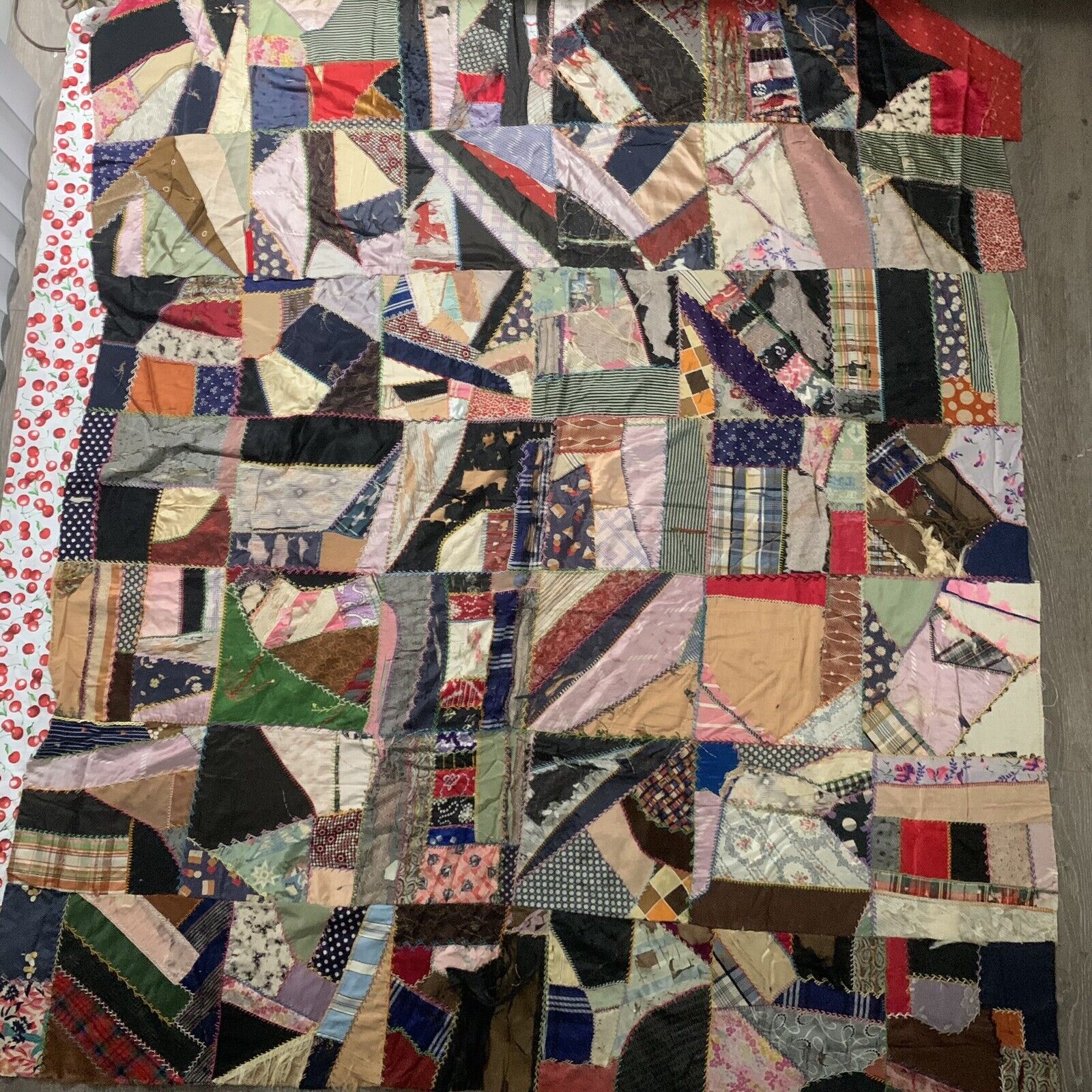 As Is Antique Silk And Rayon Patchwork Crazy Quilt Topper 70x60”