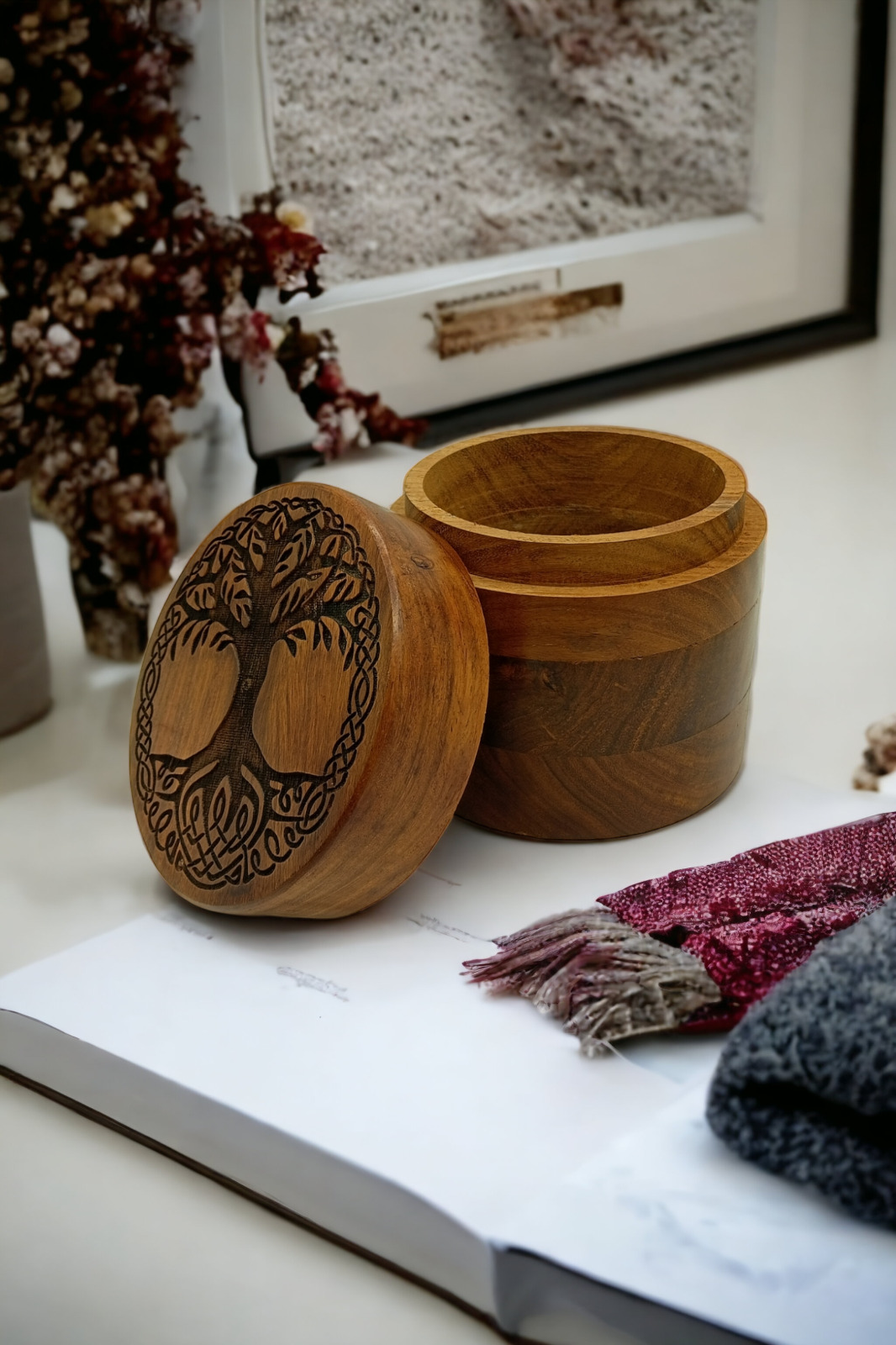 Wooden Urn for Human Ashes Round Shape-Beautiful Tree of Life Engraved