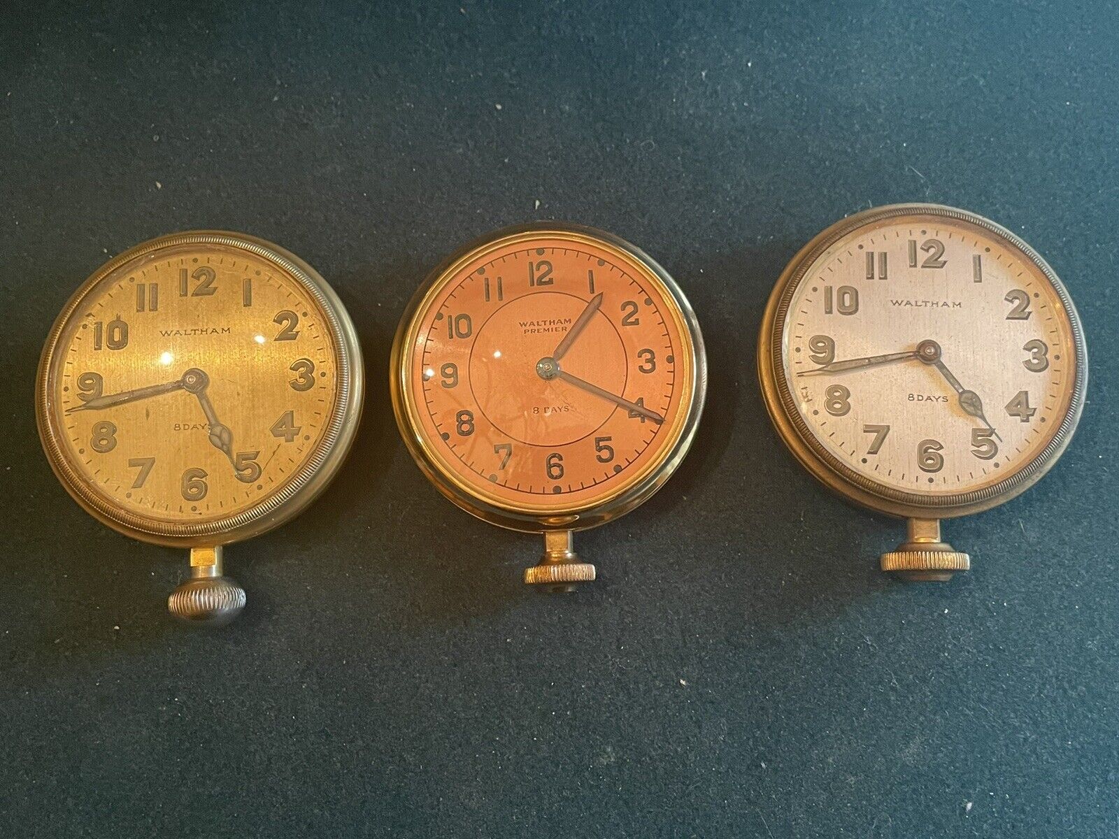 3 Vintage Antique Waltham Premier 8 Days Car Travel Clock