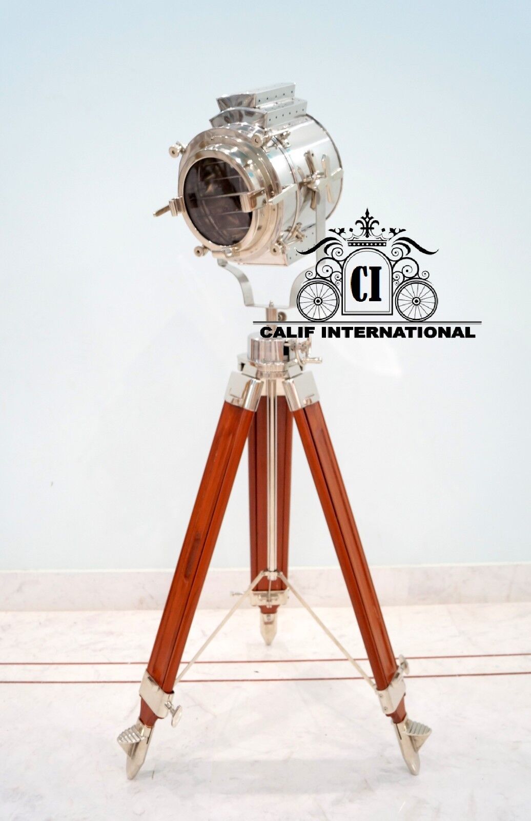 Hollywood Nautical Searchlight Floor Lamp Spotlight With Revolving Wooden Tripod