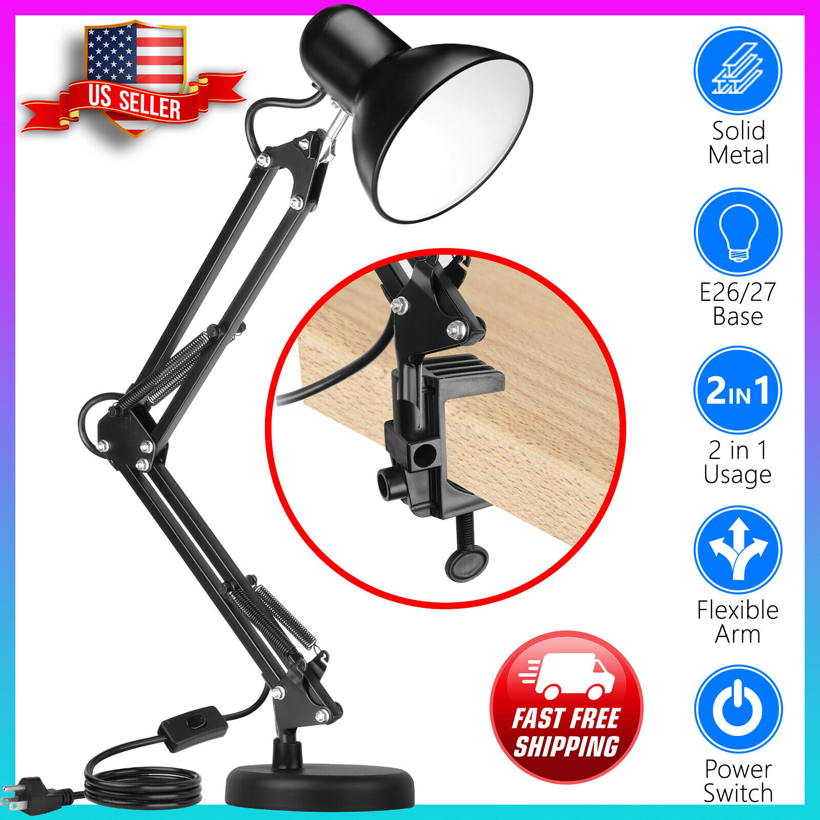 Adjustable Swing Arm Desk Lamp  Table Lamp with Interchangeable Base Or Clamp