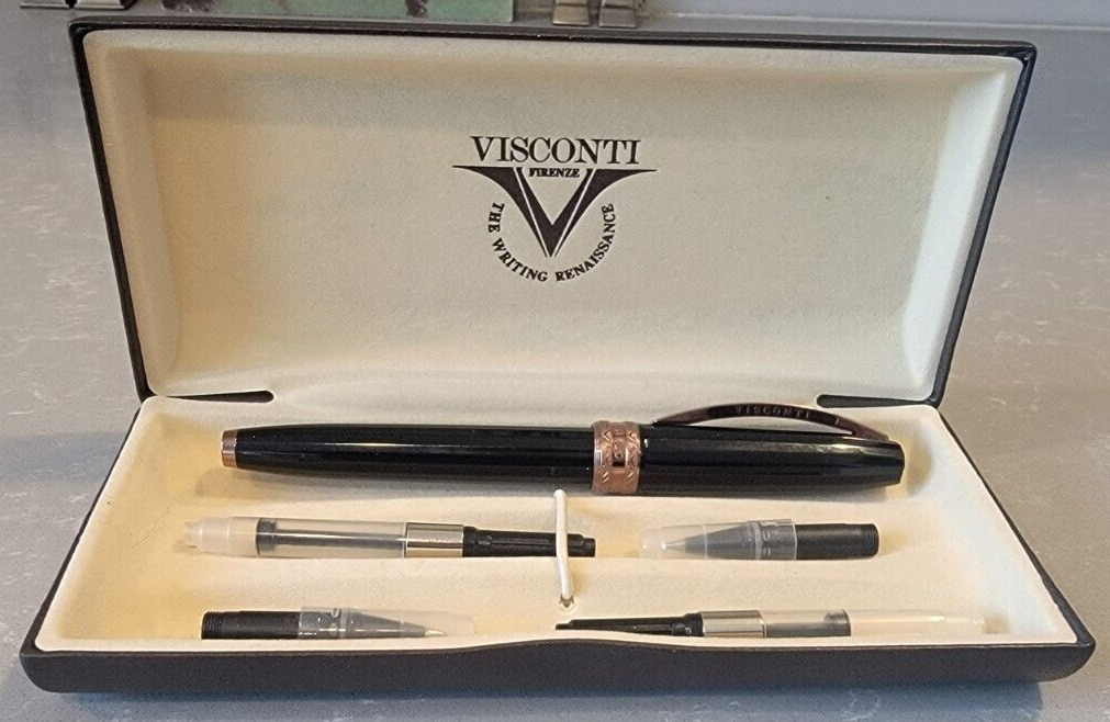 Visconti Michelangelo Black/Rose Gold Tone Ballpoint Pen & Case W/ Extras