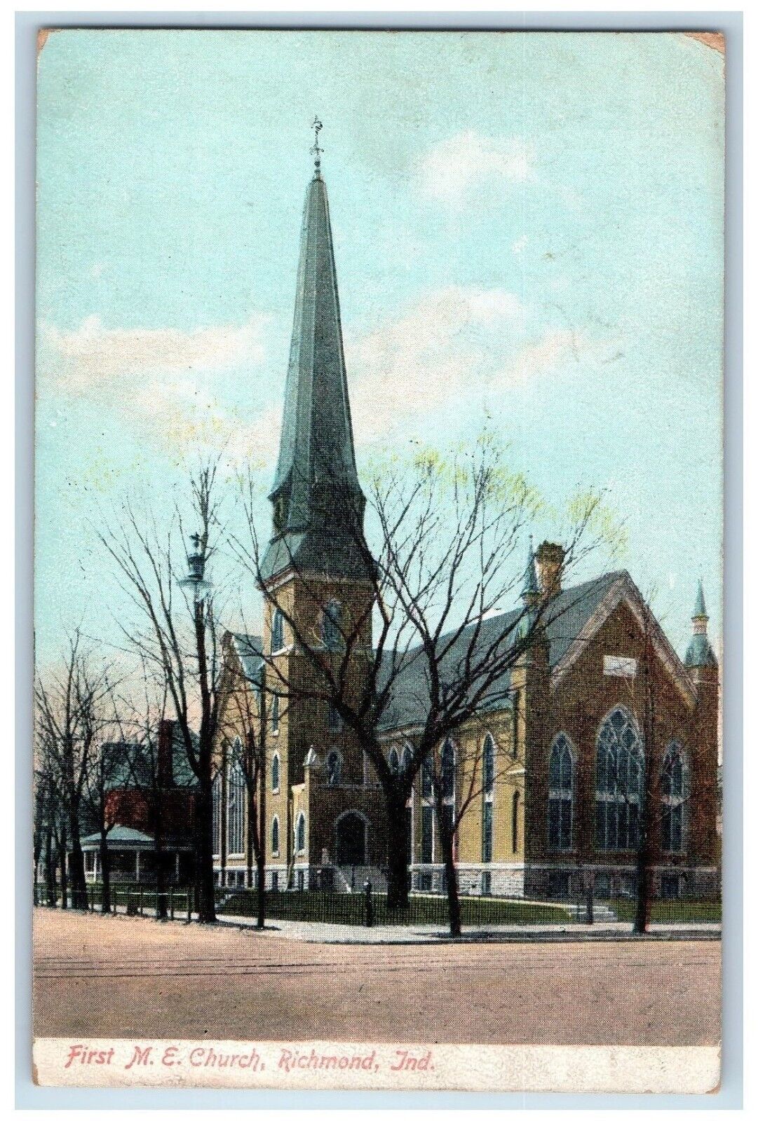 1907 First ME Church Scene Street Richmond Indiana IN Posted Antique Postcard
