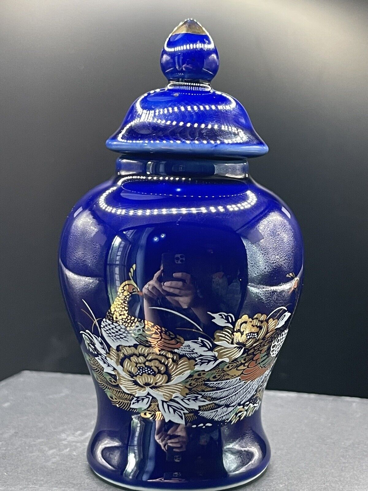 Cobalt Blue Gold Trim Ginger Jar Vase Urn Japan Kutani Flowers Birds Vintage