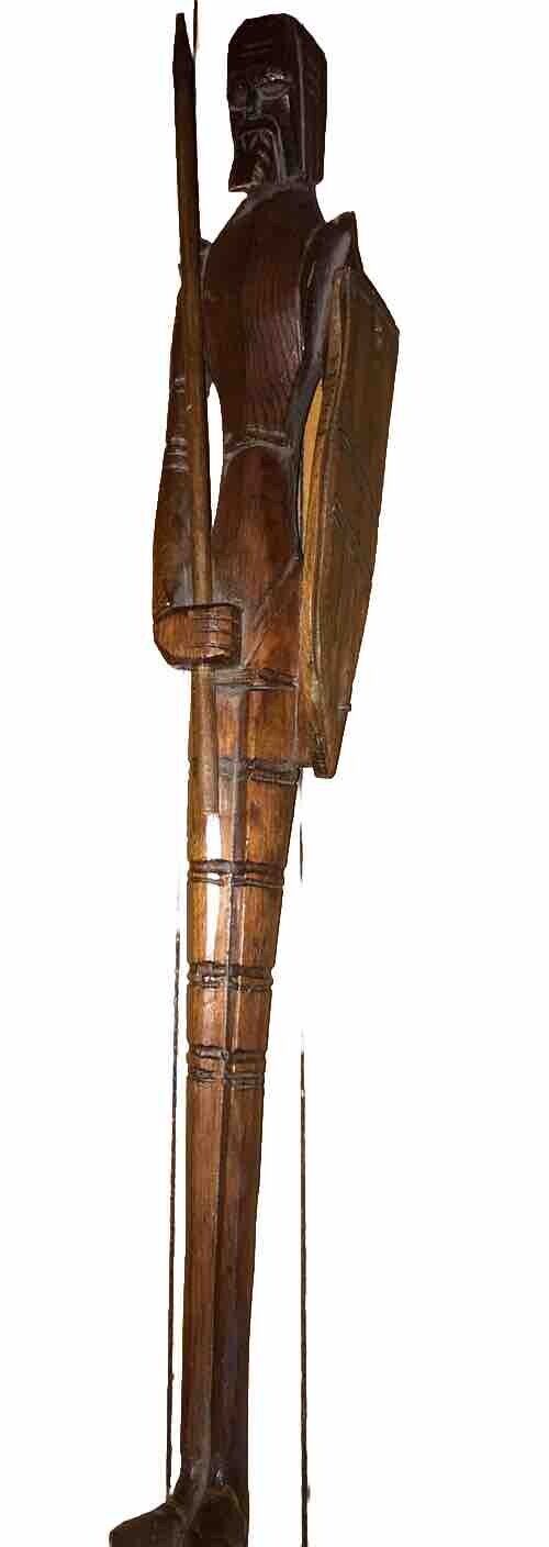Hand Carved Wood Don Quixote Mexico Sculpture Statue Tall Thin Spear/Shield 18”