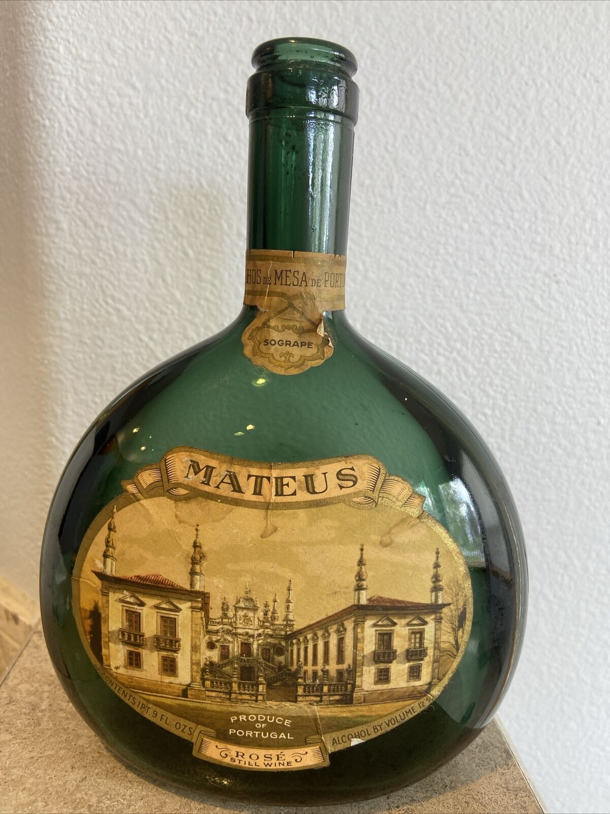  Vtg Mateus Rosé Wine Green Glass Bottle 1Pt 9 oz Portugal w/ Labels Dreyfus