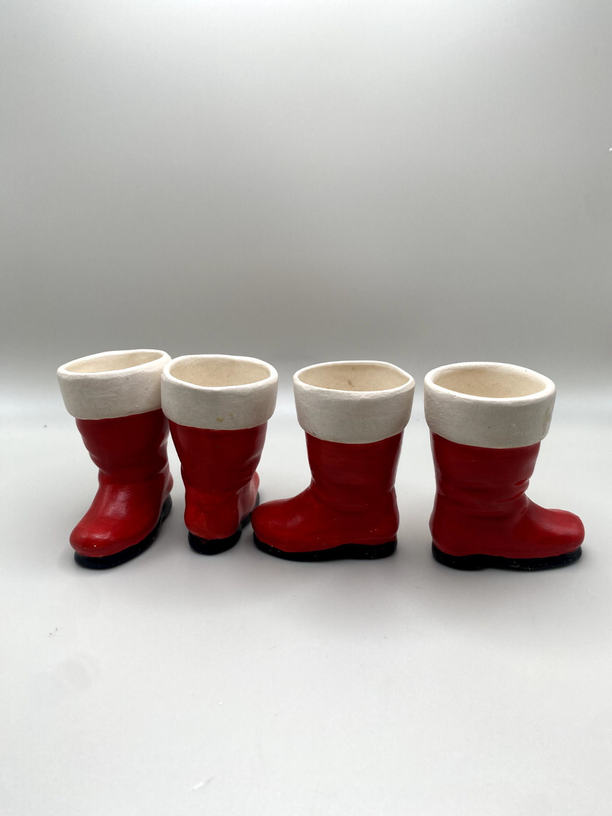 Vintage Ceramic Red and White Small Santa Clause Boots Decorations Set of 4