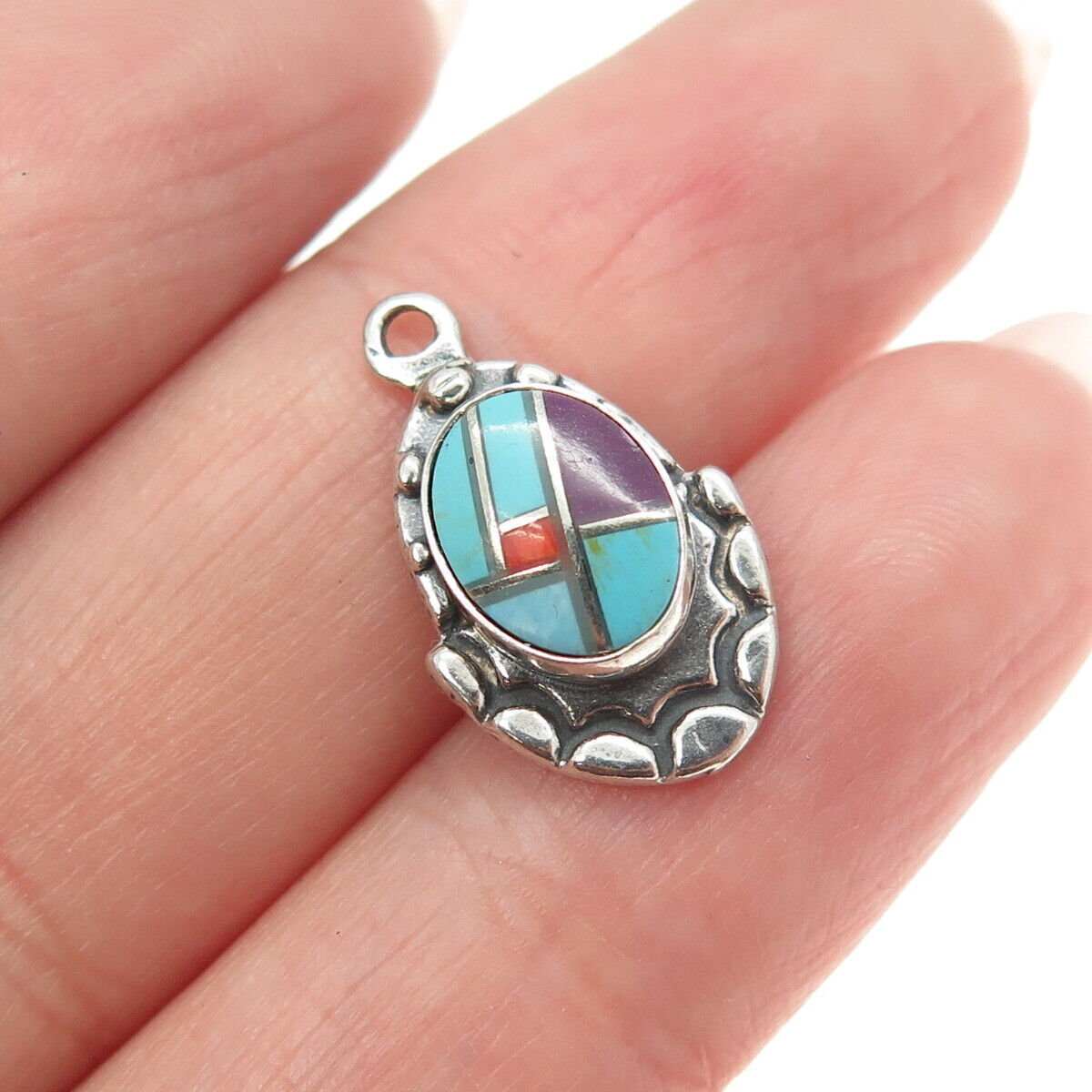 Old Pawn Sterling Silver Vintage Southwestern Turquoise Coral & Sugilite Pendant
