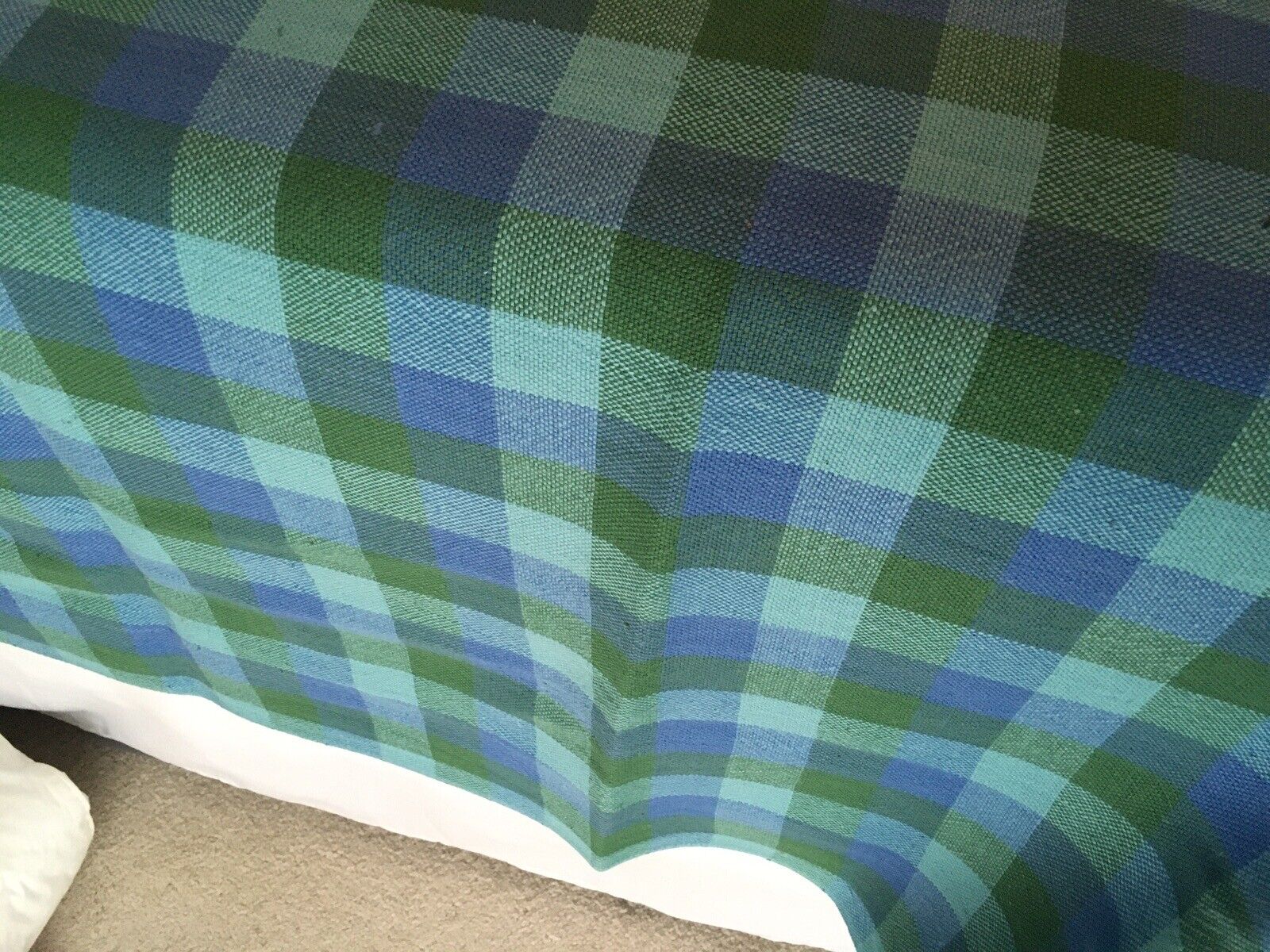 Vtg 60s Morgan Jones DOUBLE Bedspread Blue/Green Plaid Cotton 108x94\