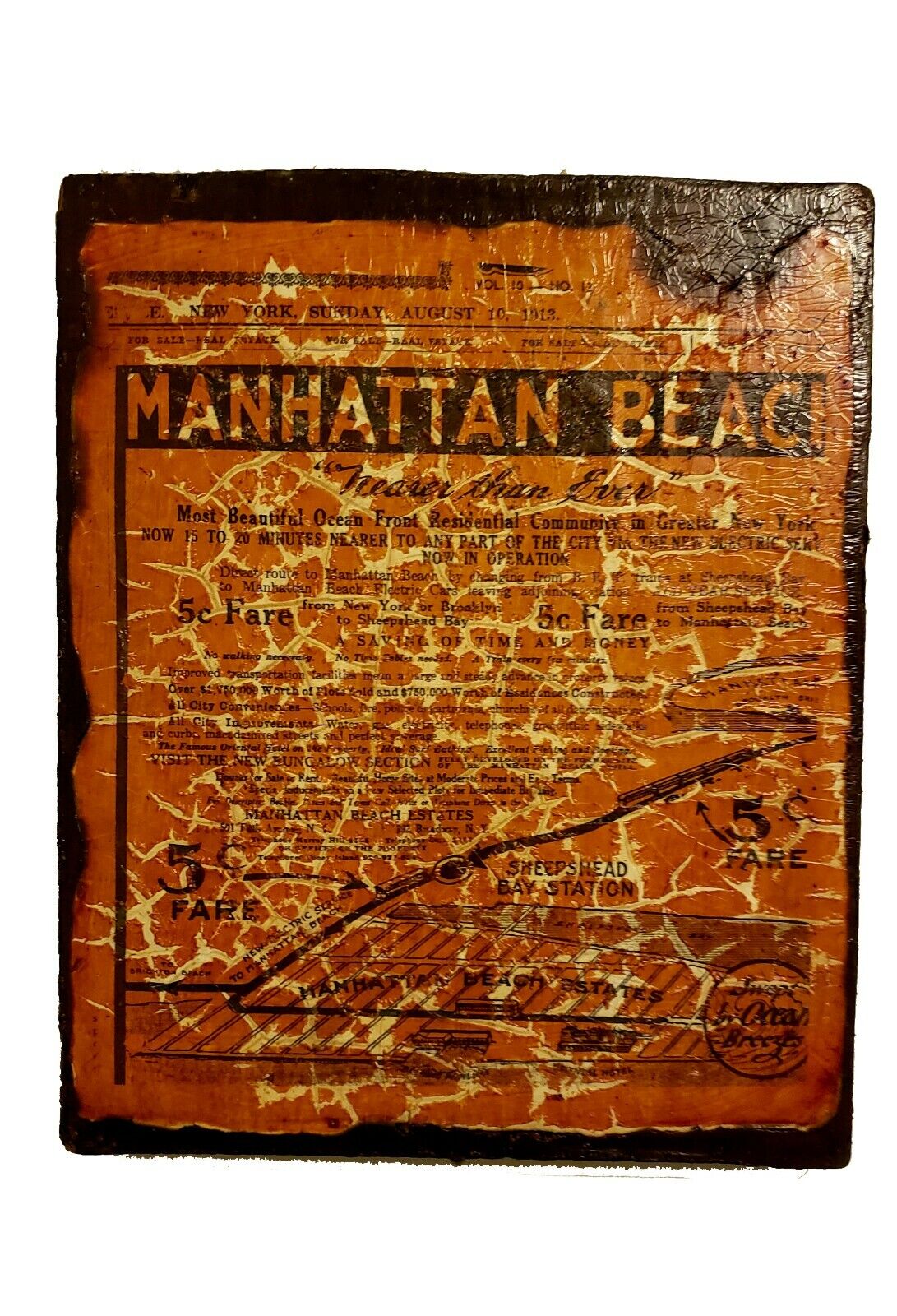 Antique Wooden Manhattan Beach  Estate Advertising Art Plaque