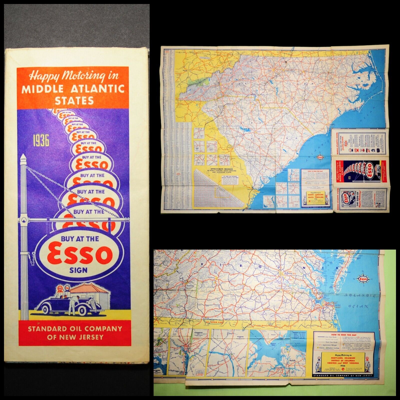 VTG 1936 Esso/Standard Oil Middle ATLANTIC STATES Road Travel Map Wall Decor
