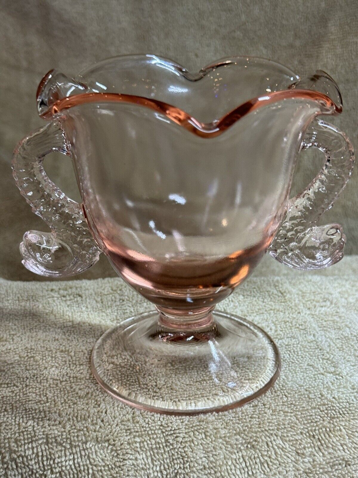 Vtg Fenton Glass Pink Double Dolphin Handle Ruffle Rim Footed Compote Candy Dish