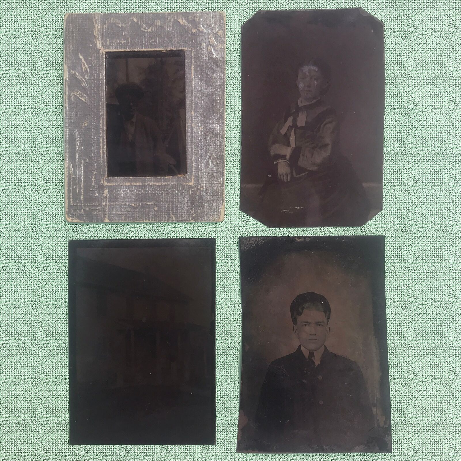 FOUR (4) ASSORTED ANTIQUE TINTYPE PHOTOS, with WOMEN, MEN, BUILDING 1860s-1920s