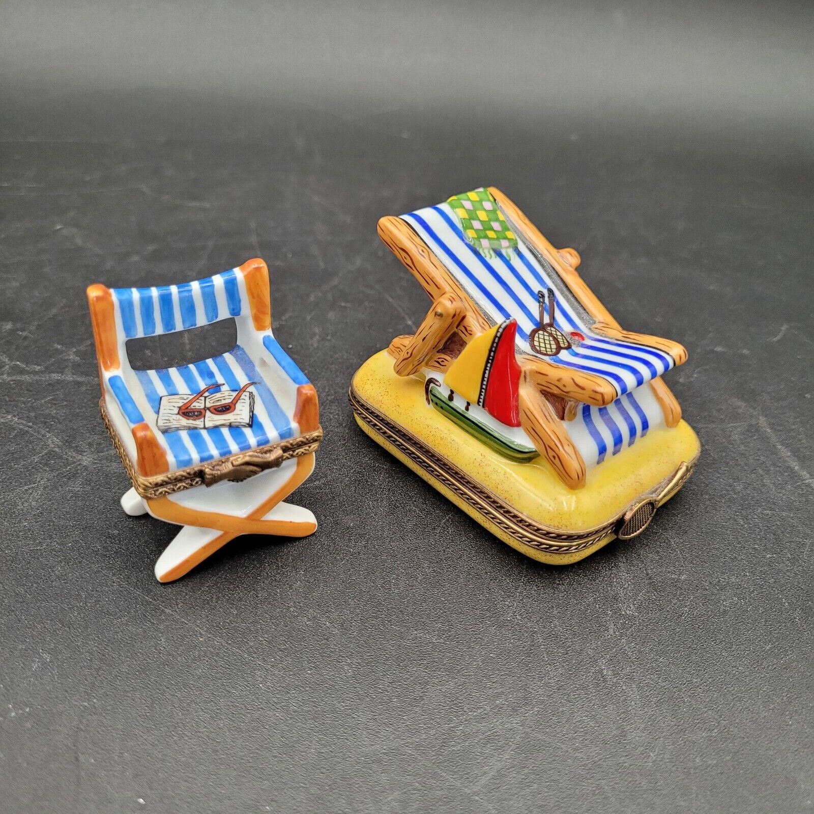 Two (2) Limoges Box Authentic Blue Strip Vacation Beach Chairs Sunglasses & Boat