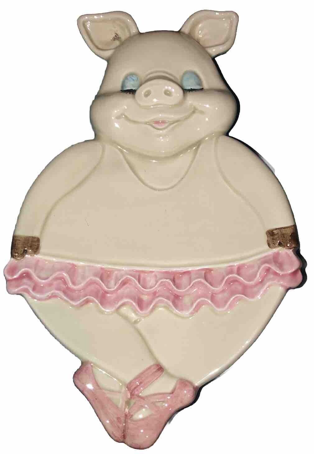 Vintage Ceramic Hand Painted Pink Ballerina Pig Spoon Rest Fun
