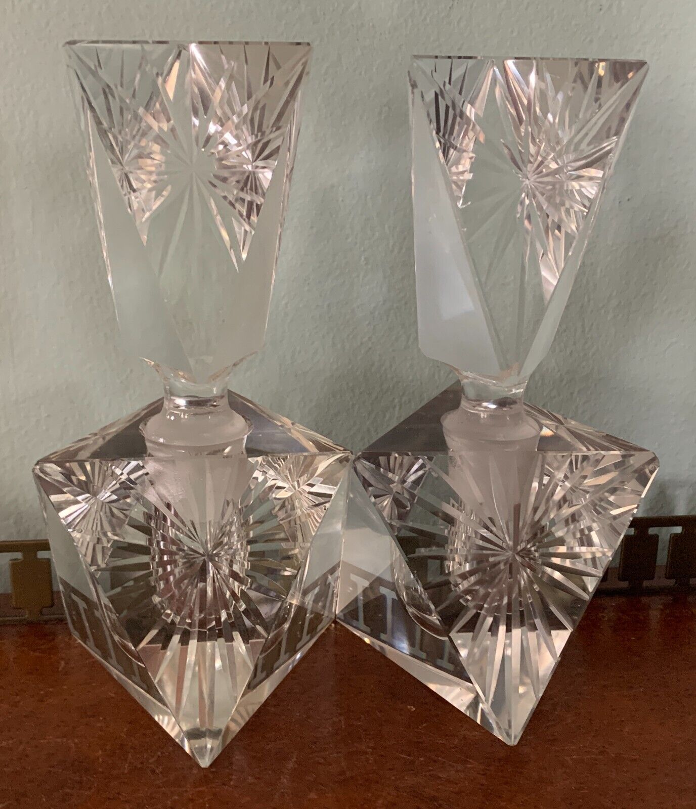 Pair of Cut Lead Crystal Perfume Bottles Starburst Design circa 1950s MCM