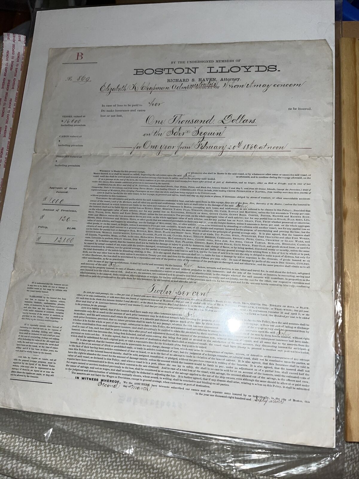 1869 Boston Lloyds Attorney Richard Haven Schooner Vessel Insurance Contract