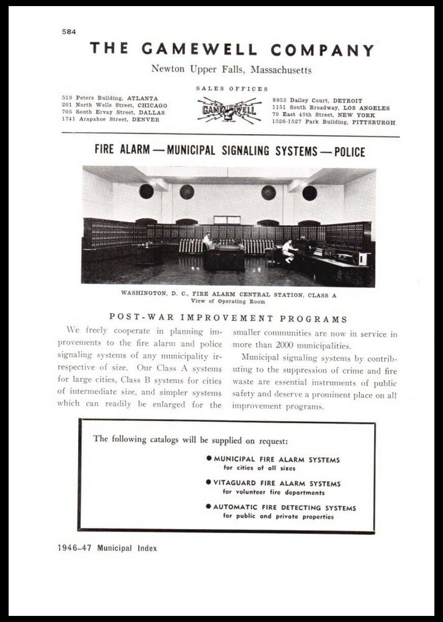 1946 Gamewell Company- Municipal Fire Police Alarms-Newton MA Vintage print ad