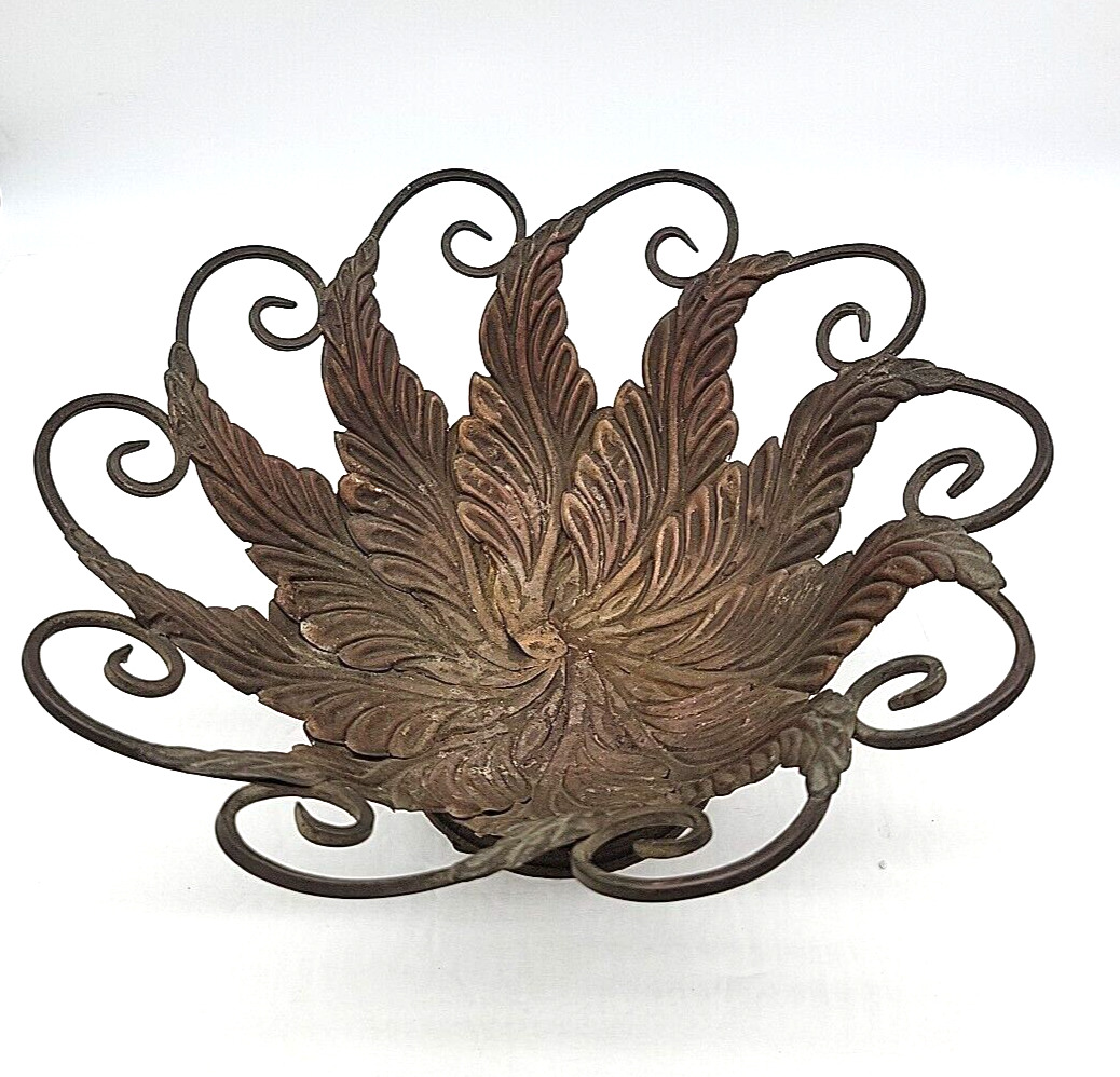 Vintage Decorative Metal Pedestal Bowl Cast Wrought Iron Round Ornate Leaf 12\